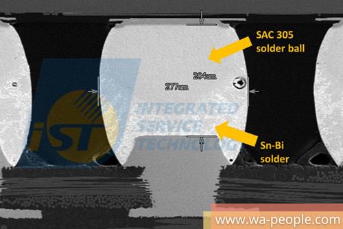 圖說：透過精確控制焊接溫度與錫膏體積，錫鉍合金(Sn-Bi)錫膏與SAC305錫球的焊接點，在適當錫膏體積與回流焊溫度控制下，可看出錫球具備良好的擴散性，且無熱滴淚(Hot Tearing)狀況發生。